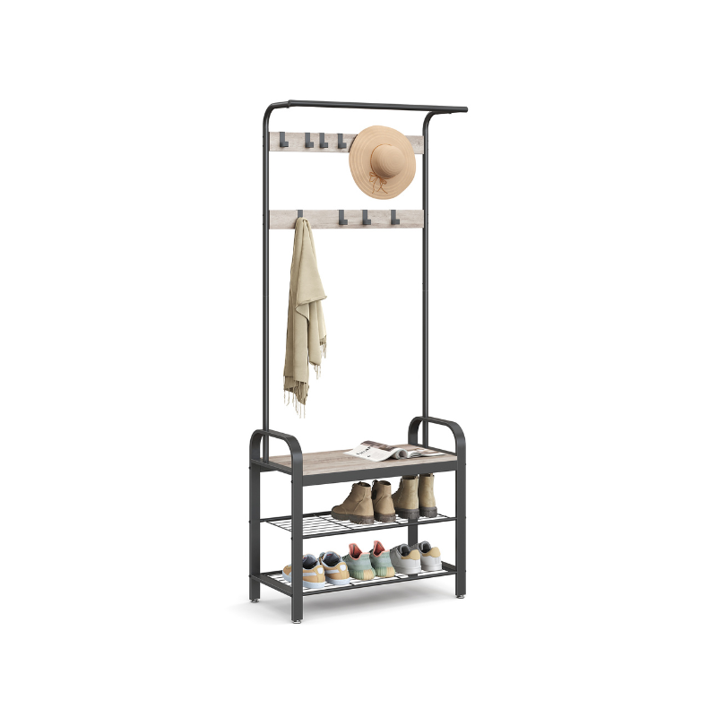 HWLEXTRA Coat Rack, Shoe Bench, Hall Tree with Storage Shelf for Entryway, Industrial Accent Furniture with Steel Frame, 3-in-1 Design, Easy Assembly, Greige and Black - HWLEXTRA