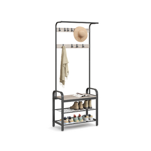 HWLEXTRA Coat Rack, Shoe Bench, Hall Tree with Storage Shelf for Entryway, Industrial Accent Furniture with Steel Frame, 3-in-1 Design, Easy Assembly, Greige and Black UHSR40MB