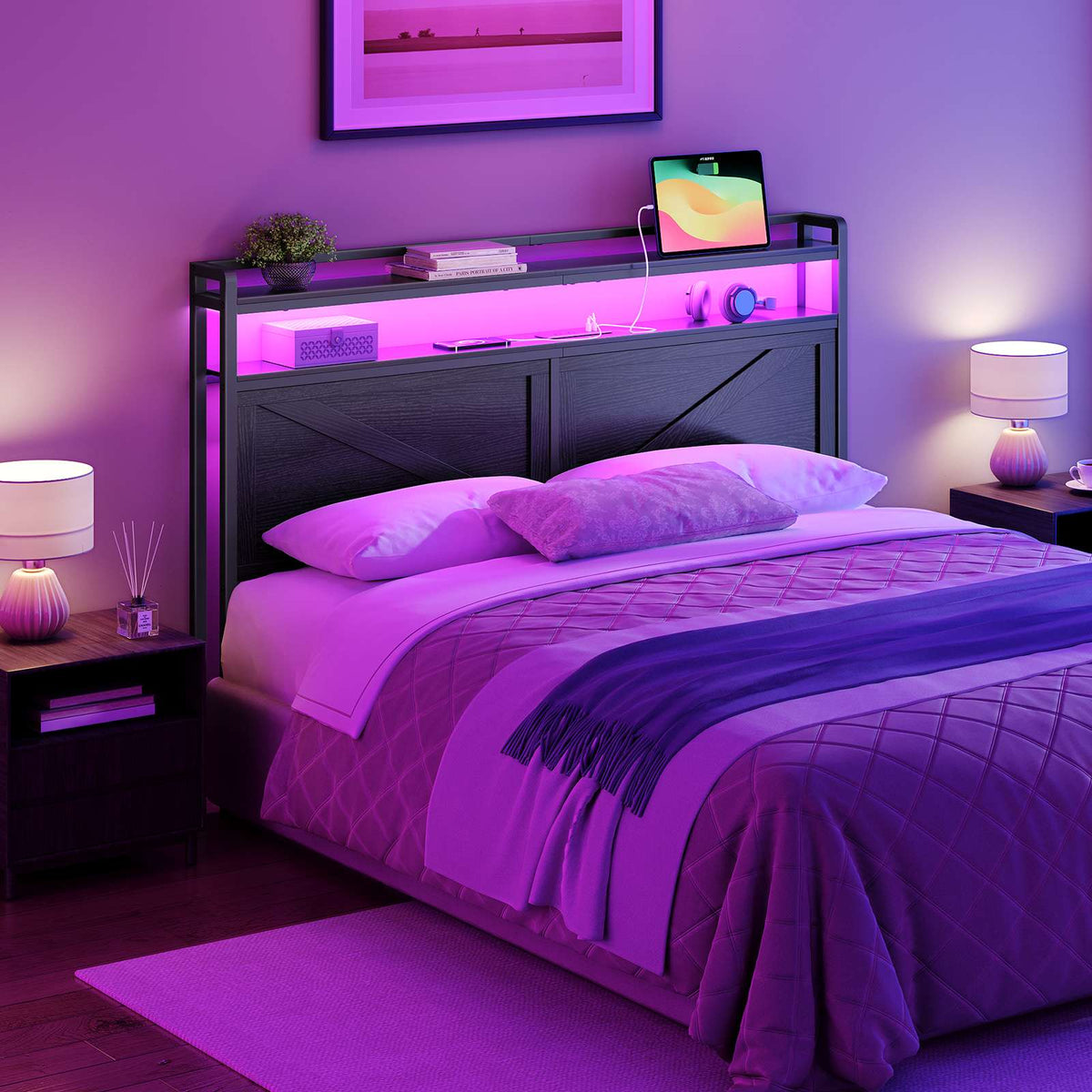 Queen Size Headboard with Charging Station, LED - Black - HWLEXTRA