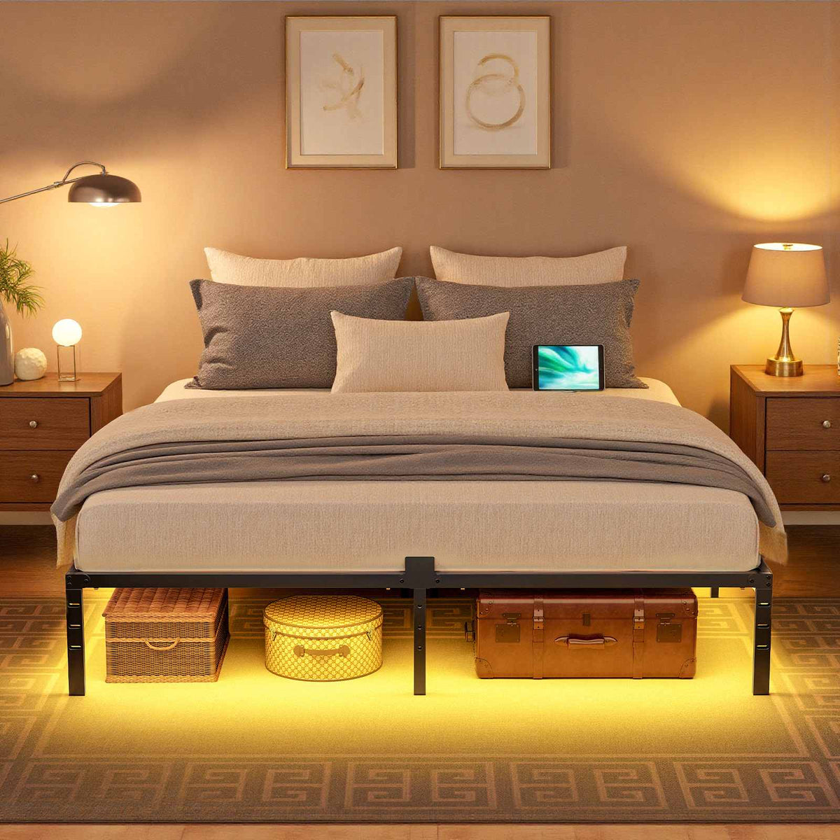 King Bed Frame with LED Lights Charging Station - Black