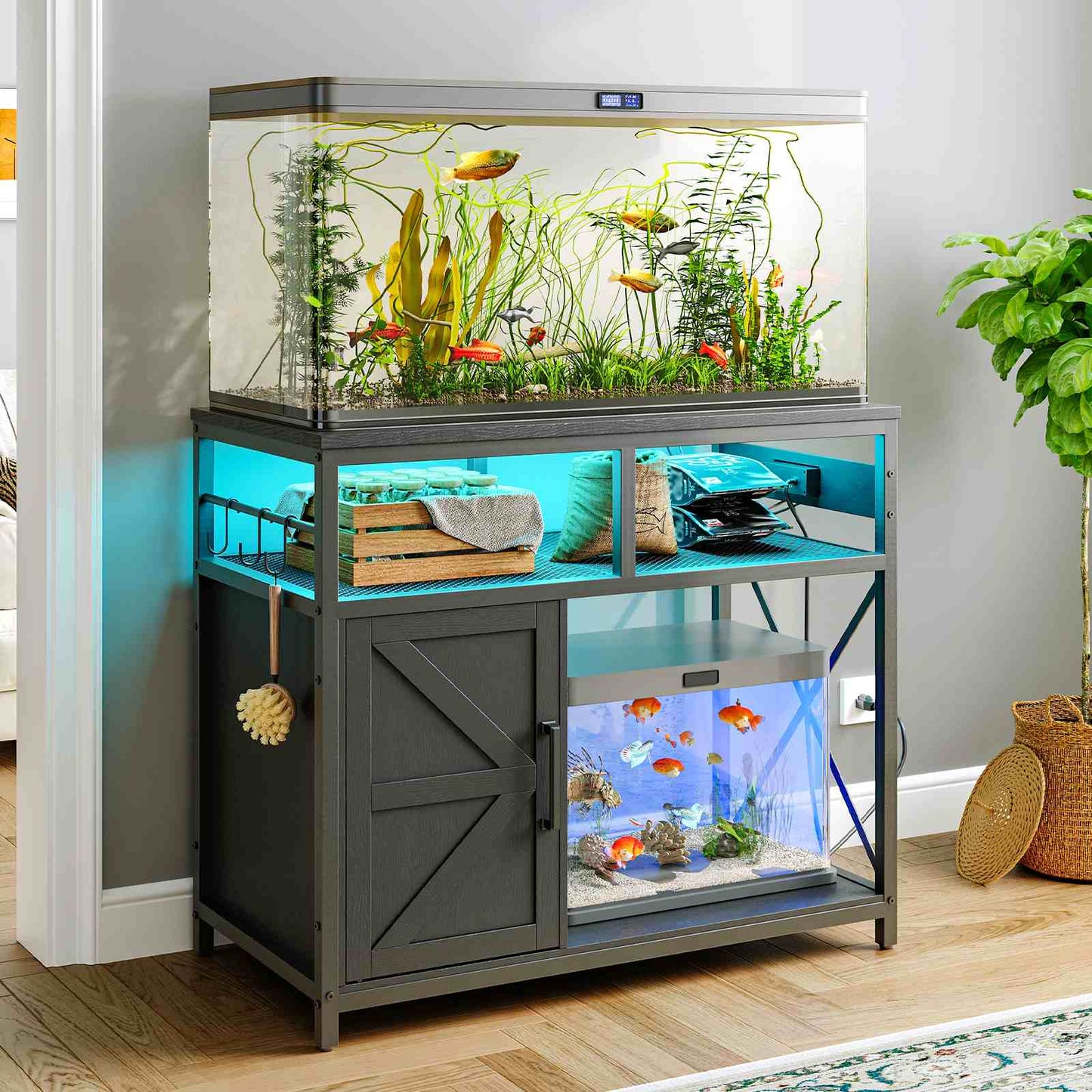 Aquarium Stand with Power Outlets, LED - Black