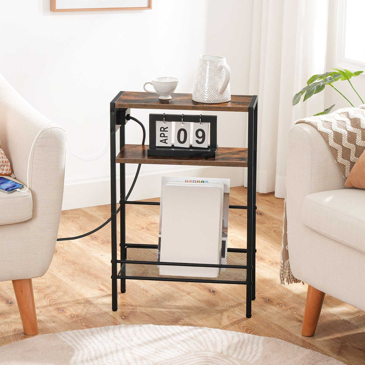 Small Narrow Side Table with Charging Station with Storage - Rustic Brown & Black