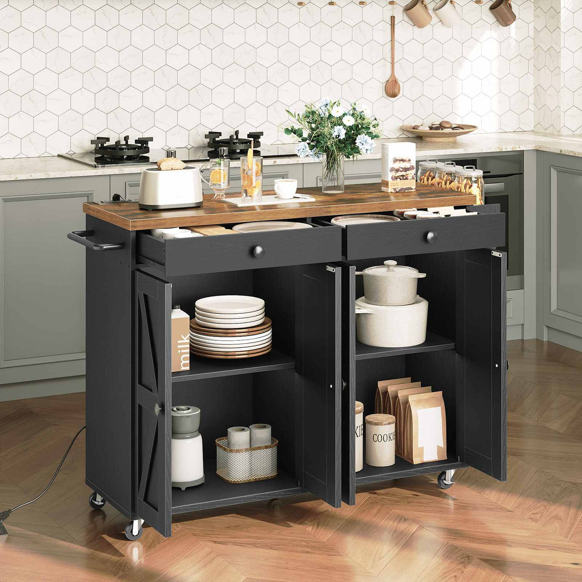 Kitchen Island with Power Outlet with Storage - Rustic Brown & Black