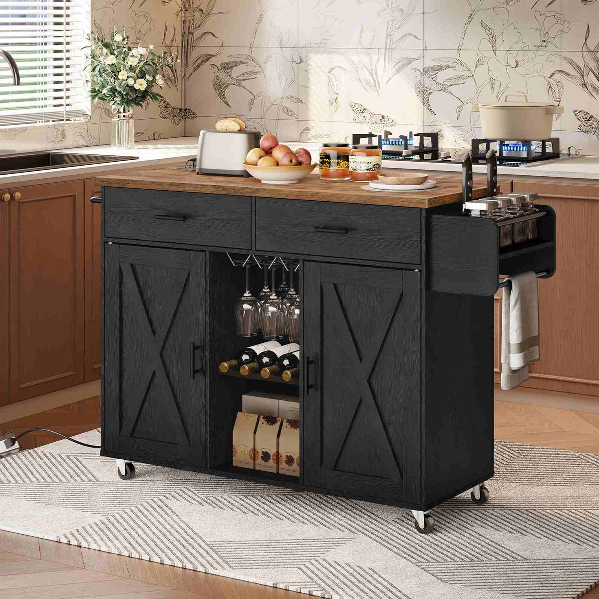 Kitchen Island on Wheels with Power Outlets, Storage - Black & Rustic Brown