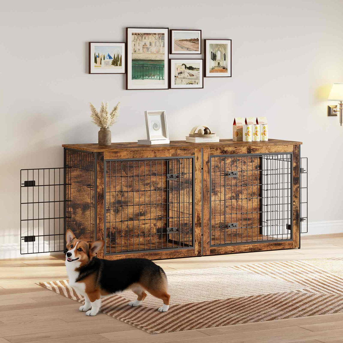 Dog Crate Furniture for 2 Dogs - Rustic Brown