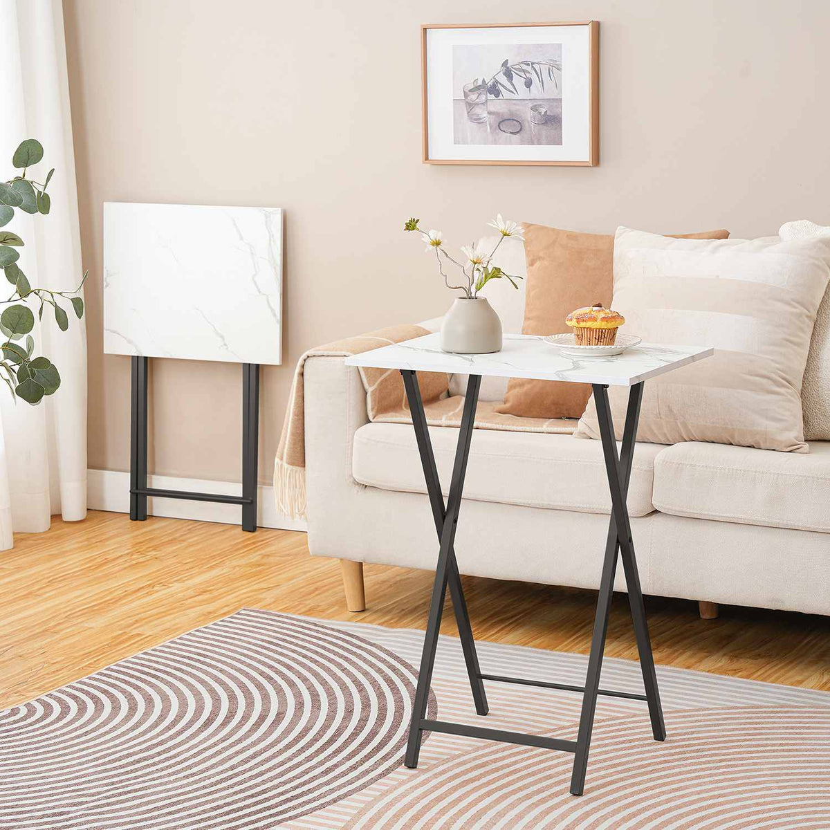 folding tv tray tables - marble & black