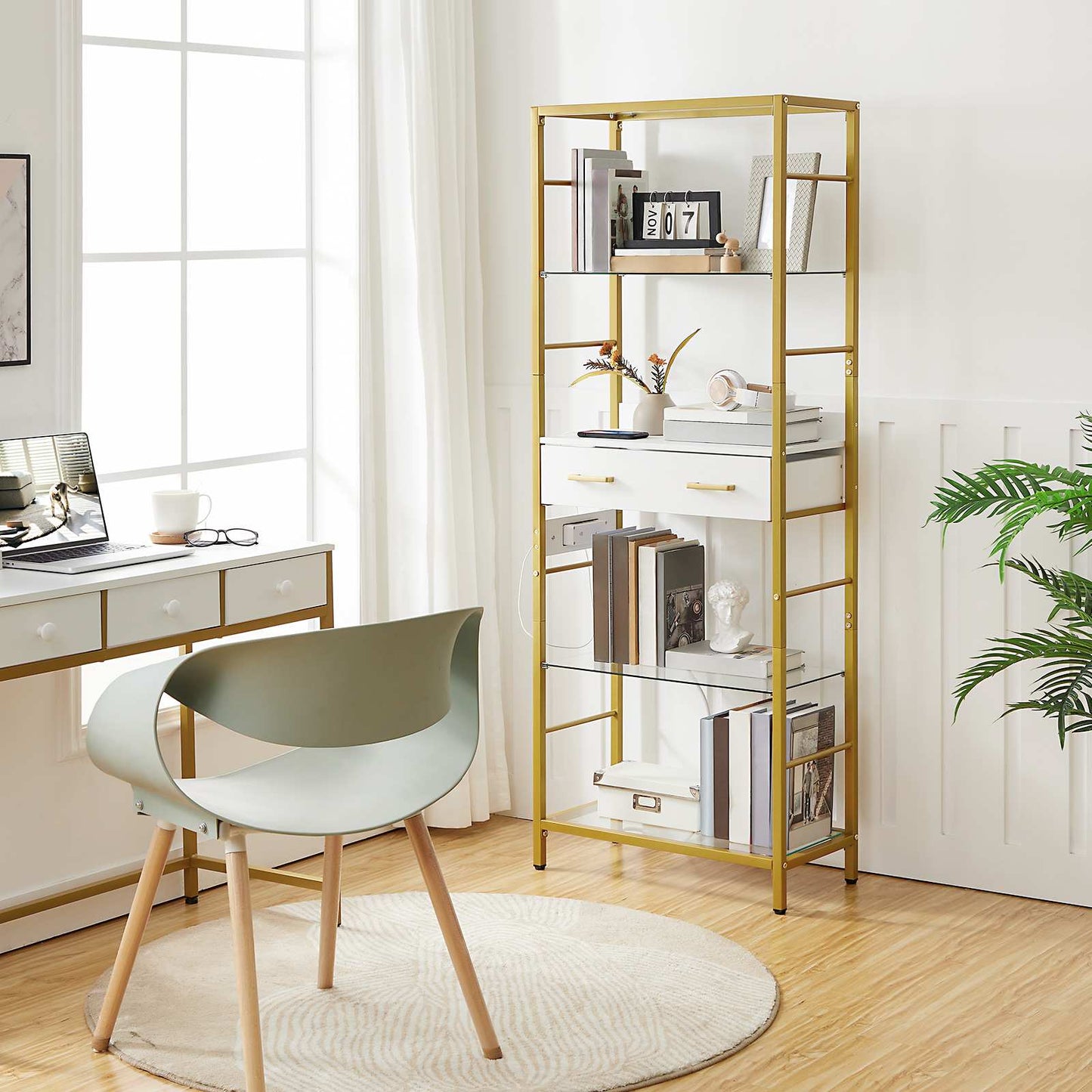 Bookcase with Charging Station, Drawers - gold