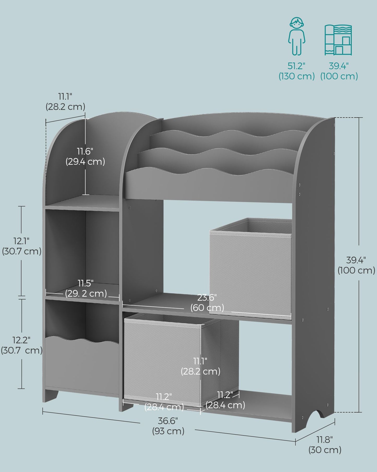 Toy and Book Organizer for Kids, Kids Bookshelf and Toy Storage, Storage Organizer with 2 Storage Boxes, for Playroom, Children's Room, Living Room, Dove Gray