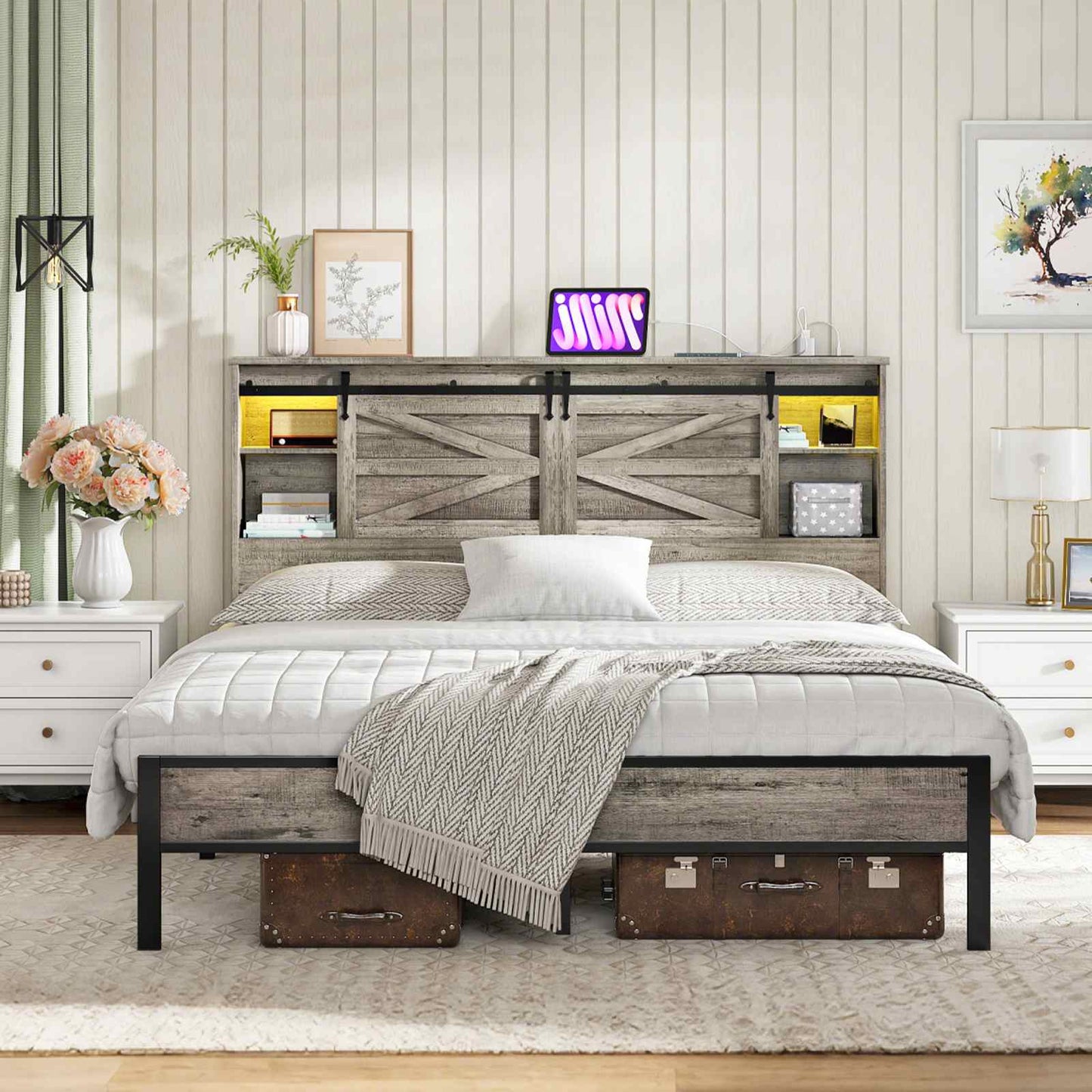 Queen Headboard with Storage Shelf, Charging Station, LED - Grey - HWLEXTRA
