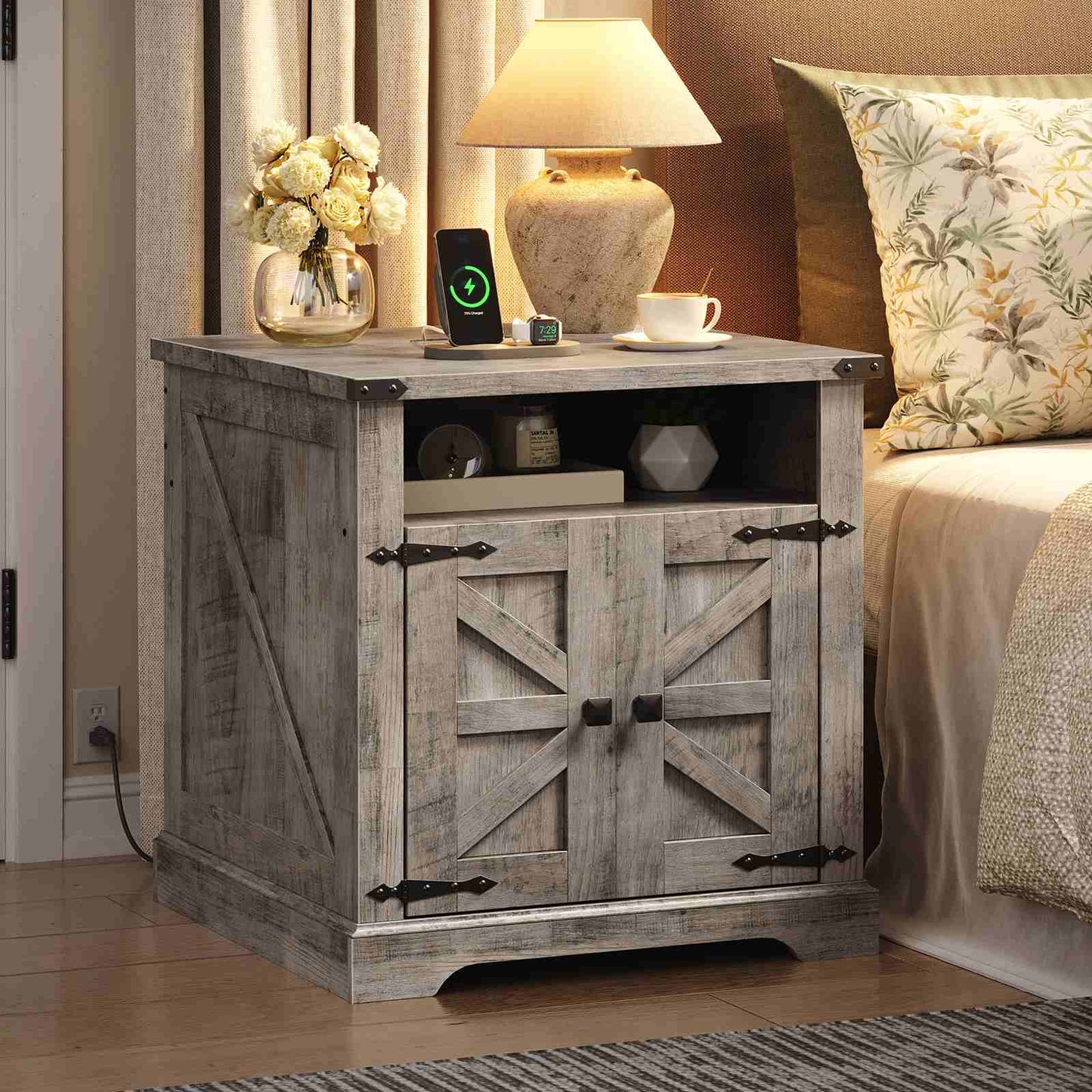 Farmhouse End Table with Charging Station - Grey