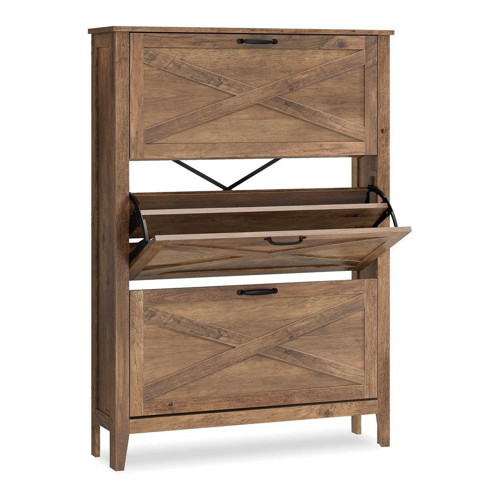 LIRY Collection - Shoe Storage Cabinet Organizer with 3 Flip Drawers - Honey Brown
