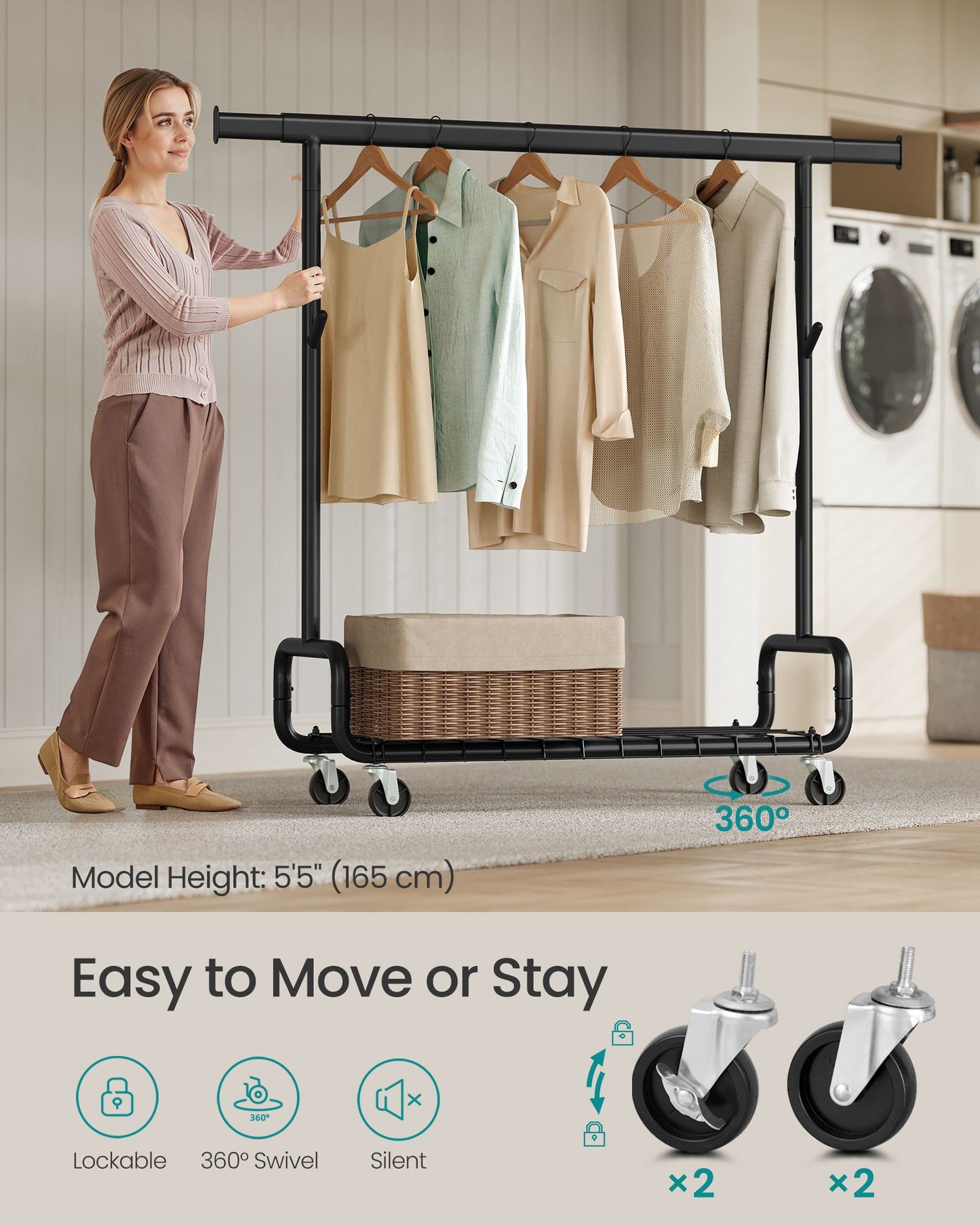 Clothes Rack, Heavy-Duty Rolling Clothing Garment Rack, Ink Black