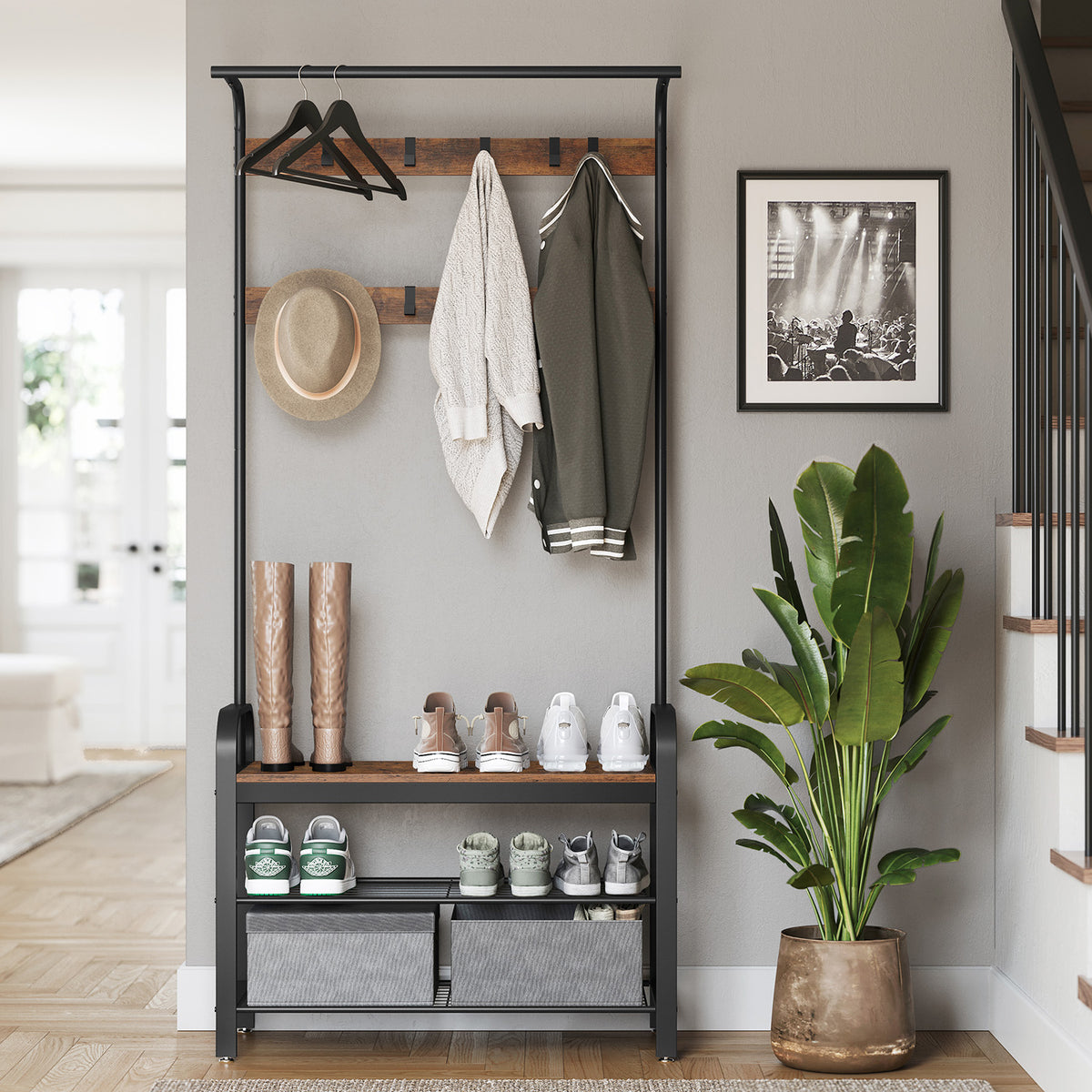 Coat Rack, Hall Tree with Shoe Bench for Entryway, Industrial Accent Furniture with Steel Frame