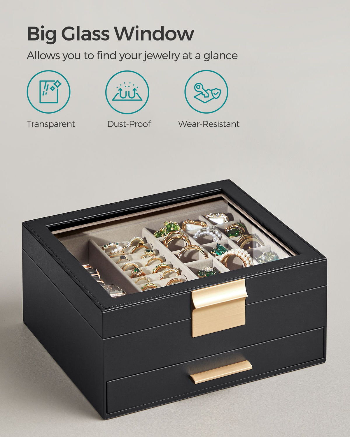 2-Layer Jewelry Box with Glass Lid, 1 Drawer