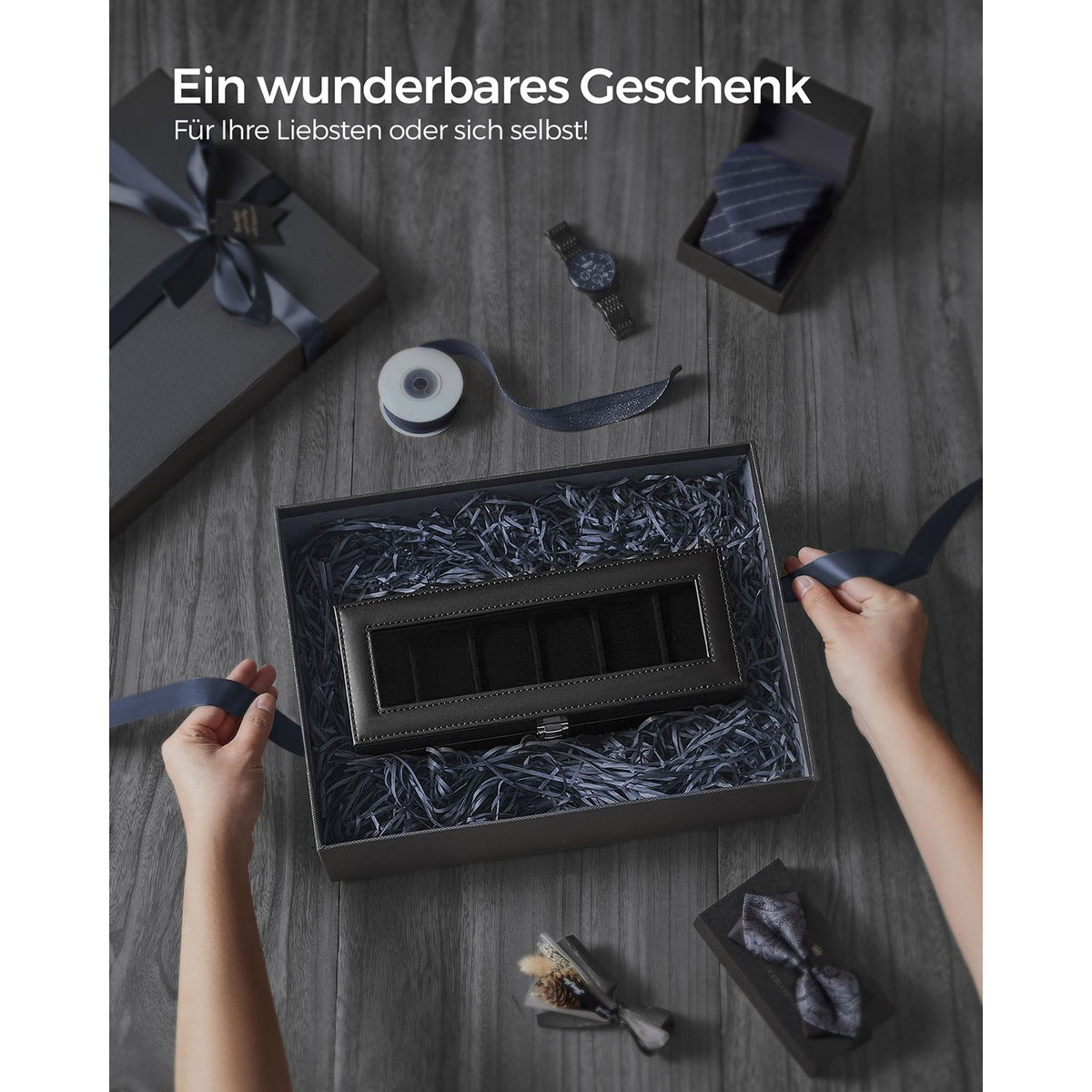Watch Box with 6 Slots, Watch Case with Glass Lid