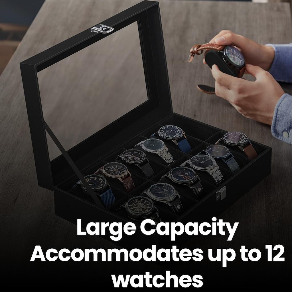12-Slot Watch Box Organizer, Watch Case with Large Glass Lid, Removable Watch Pillows - image 7