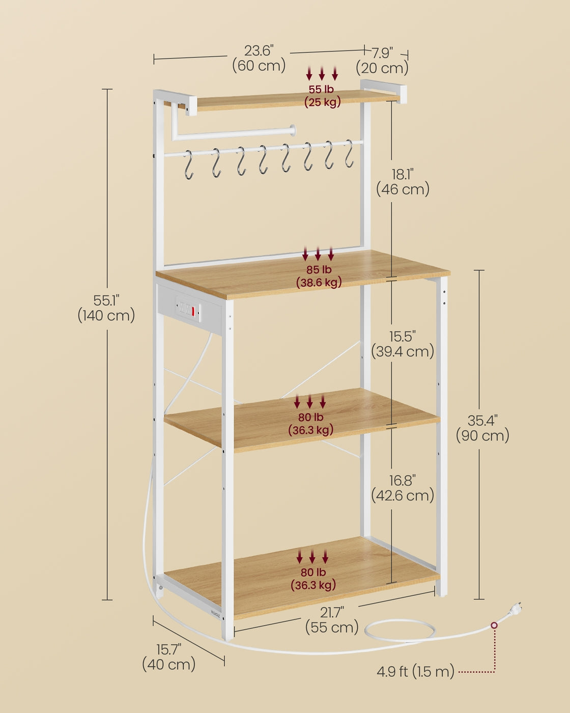 4-Tier Kitchen Bakers Rack with Power Outlet with 8 S Hooks Golden Oak and Cloud White - image 6