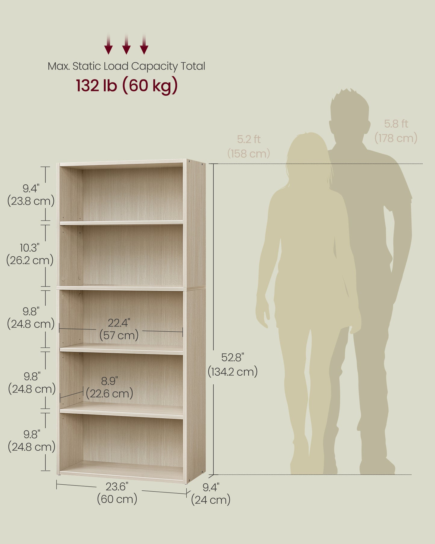Custos Collection - Bookshelf, 5-Tier Bookcase, Book Shelf, Open Storage Shelf, 9.4 x 23.6 x 52.8 Inches, for Living Room, Home Office, Dinning Room, Natural Beige