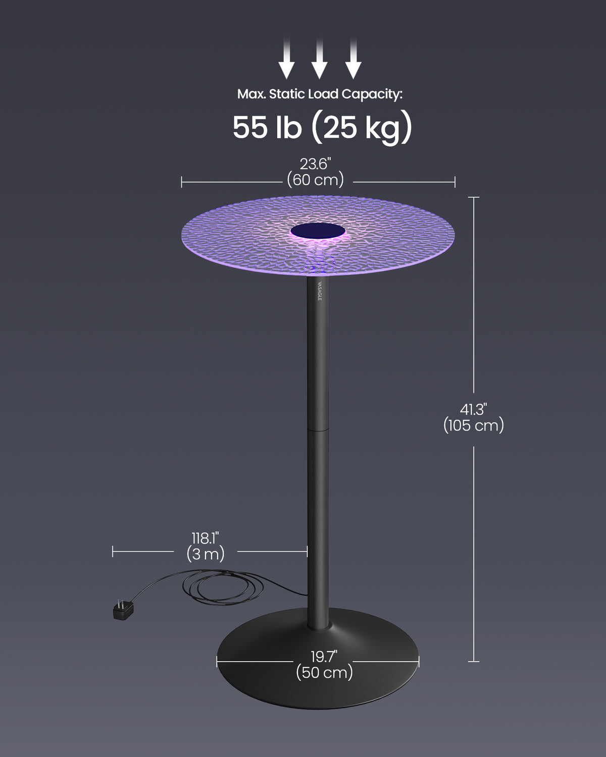 Bar Tables, Set of 2 Round Cocktail Tables with Multi-Colored Lights and Glass Tops, Large Steel Base