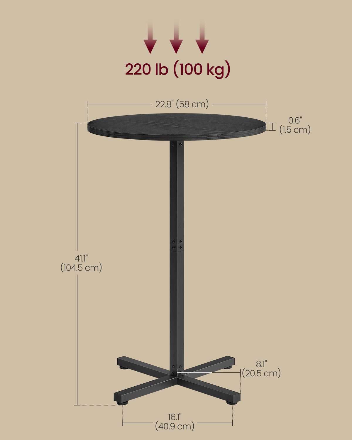 Round Cocktail Table, High Top Bar Pub Table with Metal Frame and Cross Base - image 5