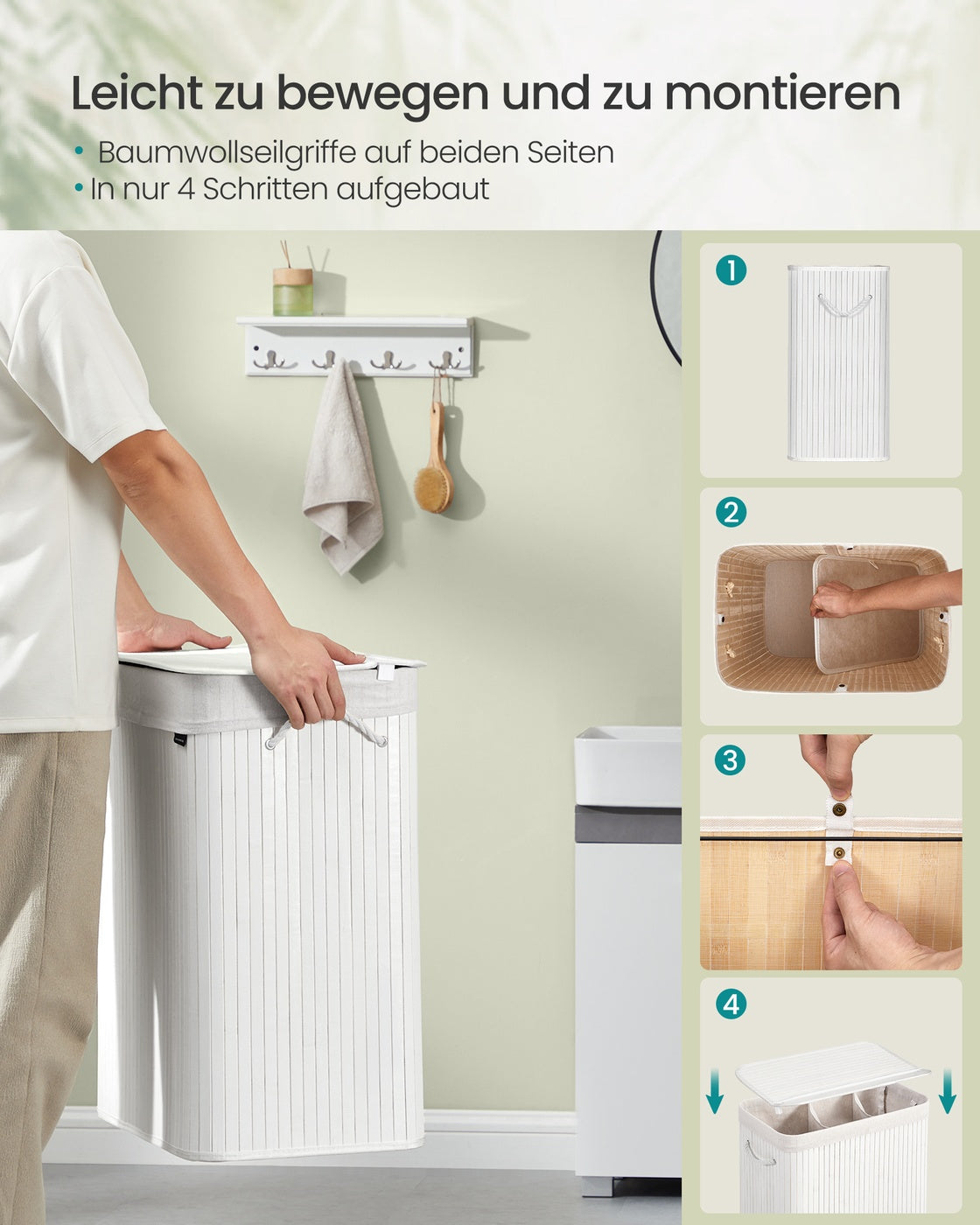 150L Laundry Hamper Basket with 3 Sections Cloud White