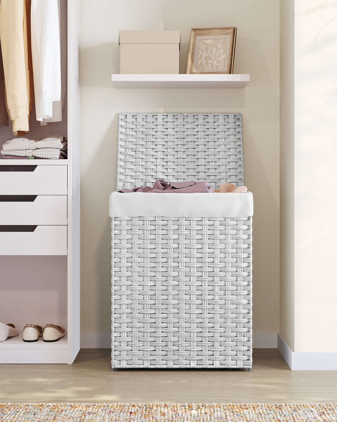 Handwoven Laundry Hamper, 23.8 Gal (90L) Synthetic Rattan Clothes Laundry Basket with Lid and Handles