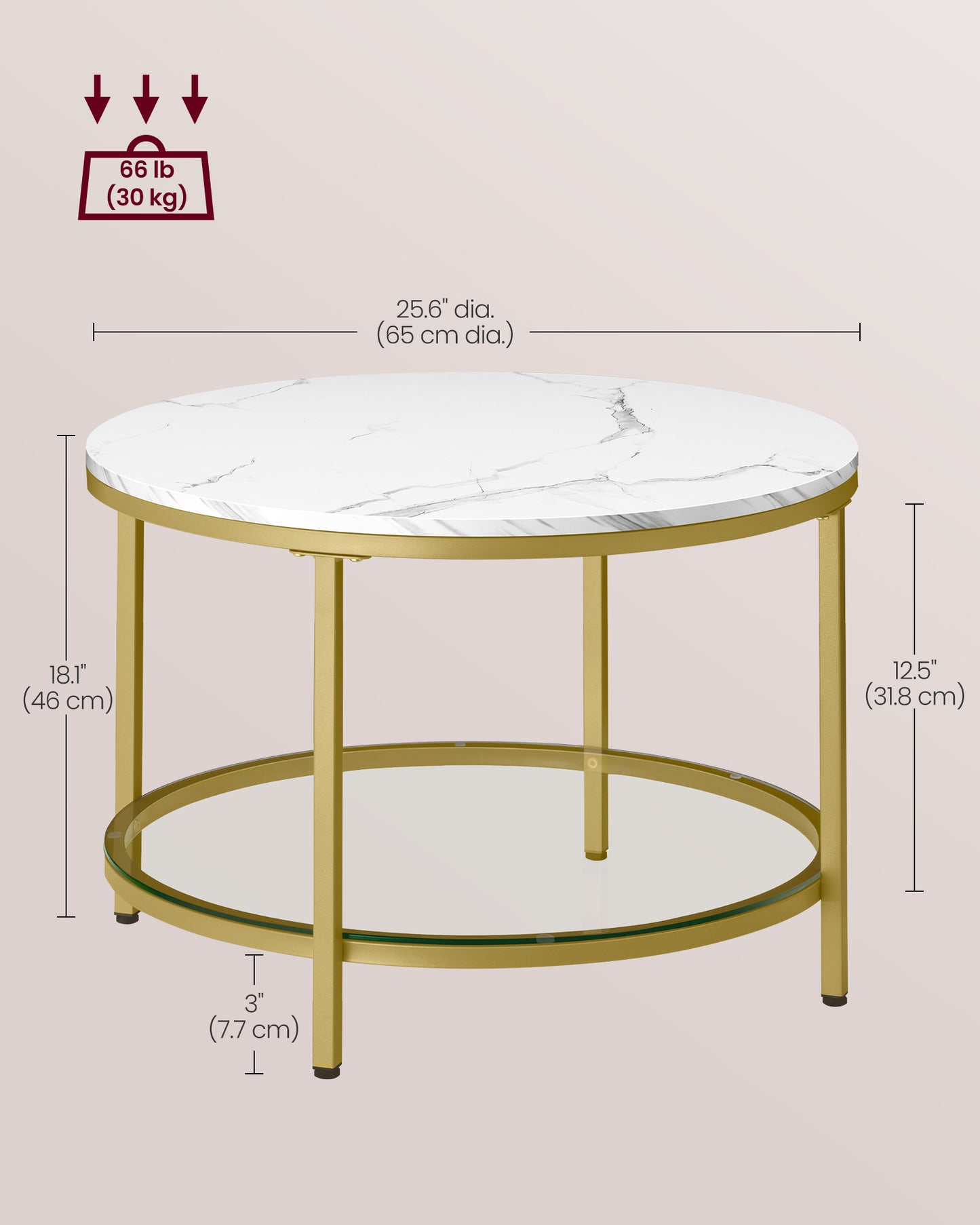 Round Coffee Table with Faux Marble Top and Glass Storage Shelf