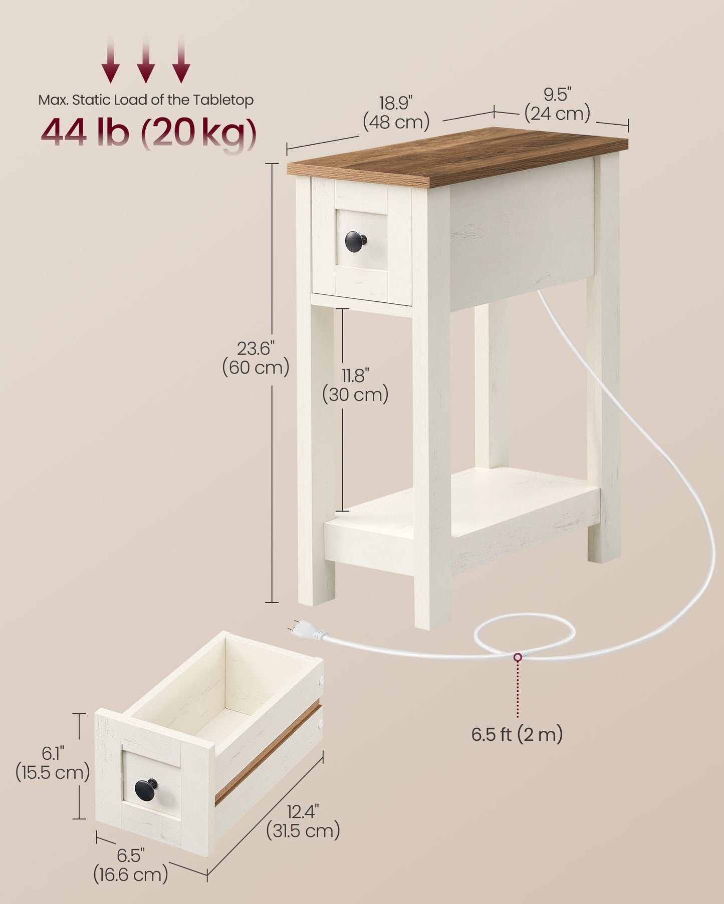 Farmhouse End Table with Storage Drawer, Honey Brown and Rustic White