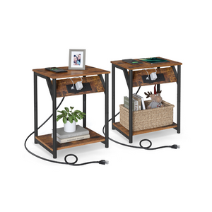 Side Tables with Charging Station, Set of 2 End Tables with USB Ports and Outlets, Nightstands for Living Room, Bedroom, Plug-in Series, Rustic Brown and Black ULET372B01