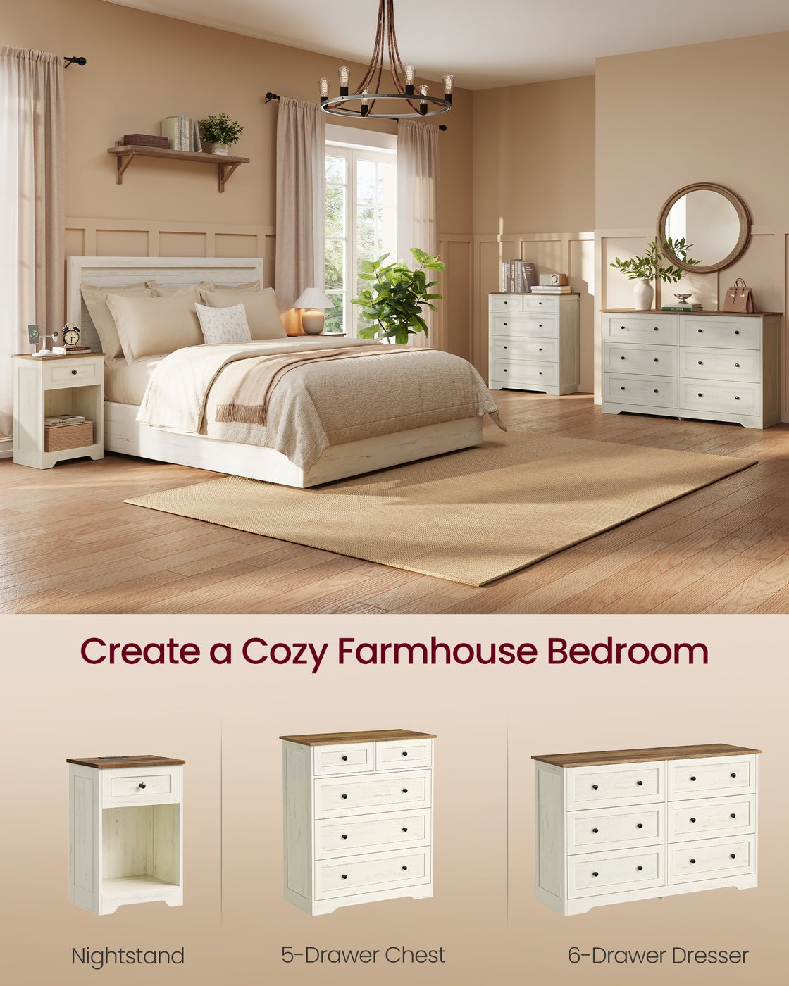 Farmhouse nightstand with charging station and drawer
