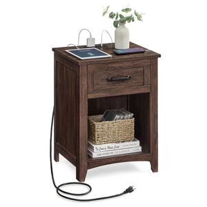 Farmhouse Nightstands with Charging Station, Set of 2, Bedside Tables with Drawer