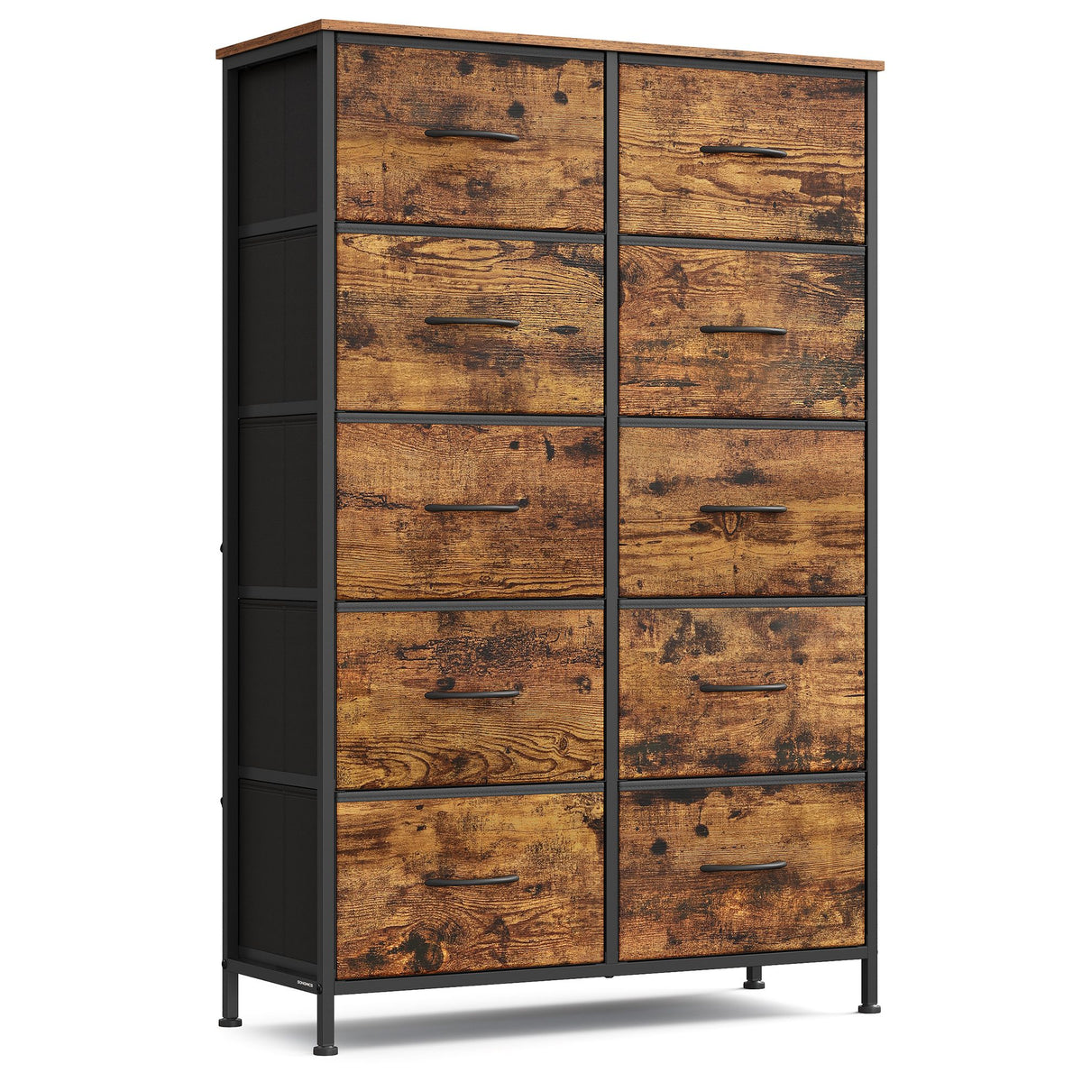 Dresser for Bedroom, 10-Drawer Storage Organizer, Rustic Brown & Ink Black, Steel Frame