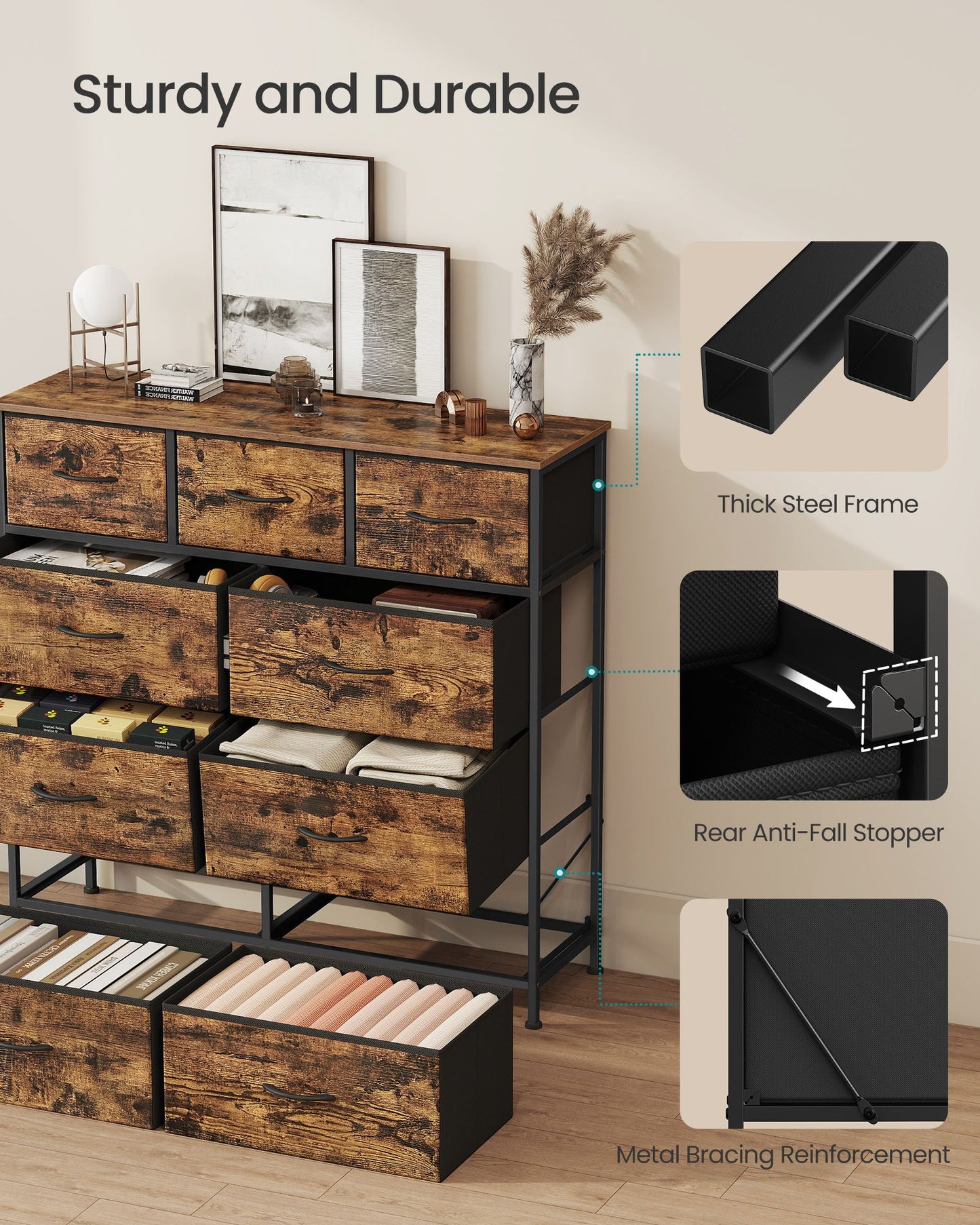 Wide Bedroom Storage Dresser with 9 Fabric Drawers - image 18