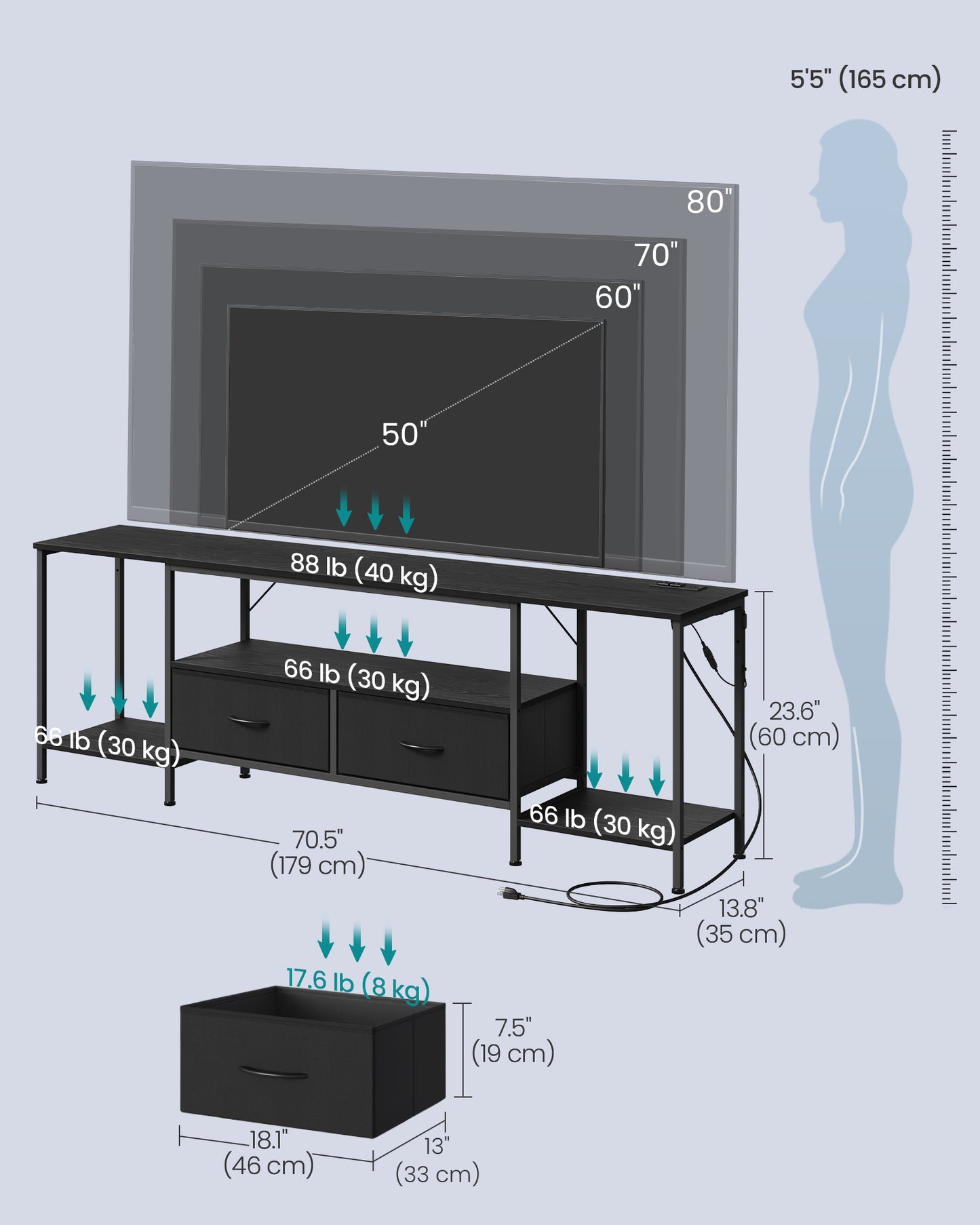 TV Stand with Power Outlets and Lights - 13.8"D x 70.5"W x 23.6"H (35 x 179 x 60 cm) - image 5