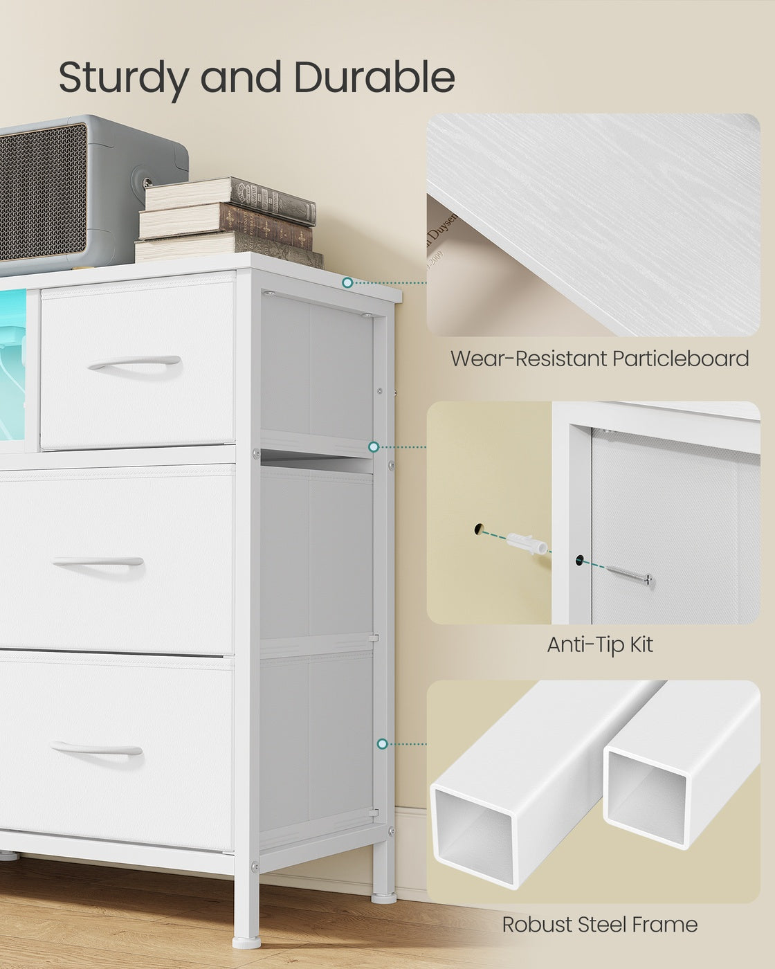 Dresser for Bedroom with Outlets and LED Lights, TV Stand