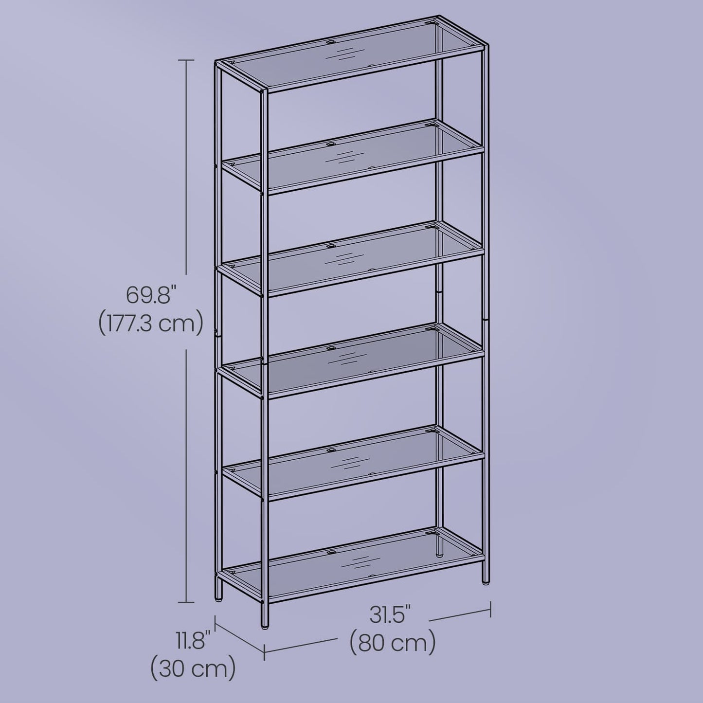 Tall Bookcase, Tempered Glass Shelving Unit, Bookshelf with Steel Frame, 6-Tier Shelf for Living Room Study - image 5