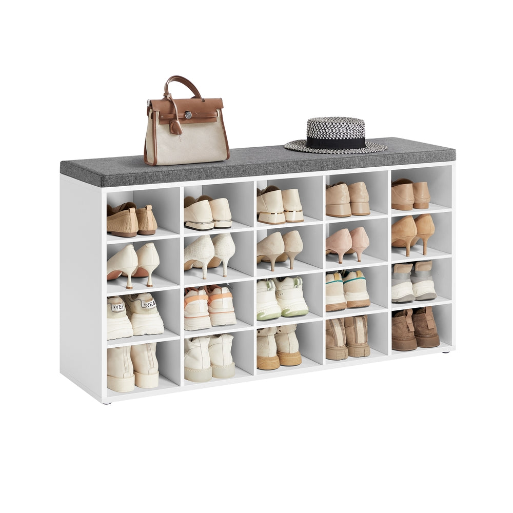 Shoe Bench with Cushion,15 Compartments - Cloud White + Dove Gray / 20 cubbies