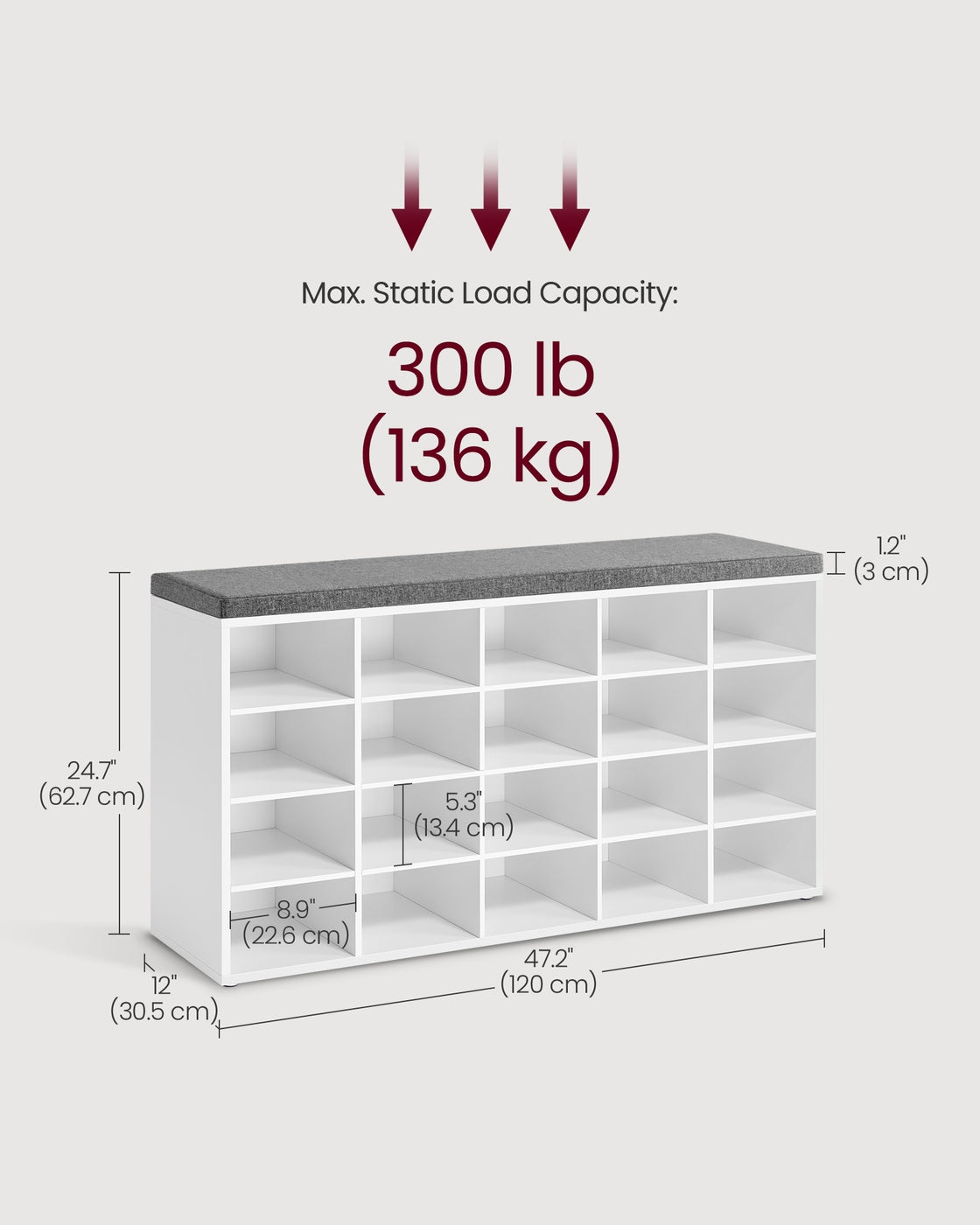 Shoe Bench with Cushion,15 Compartments