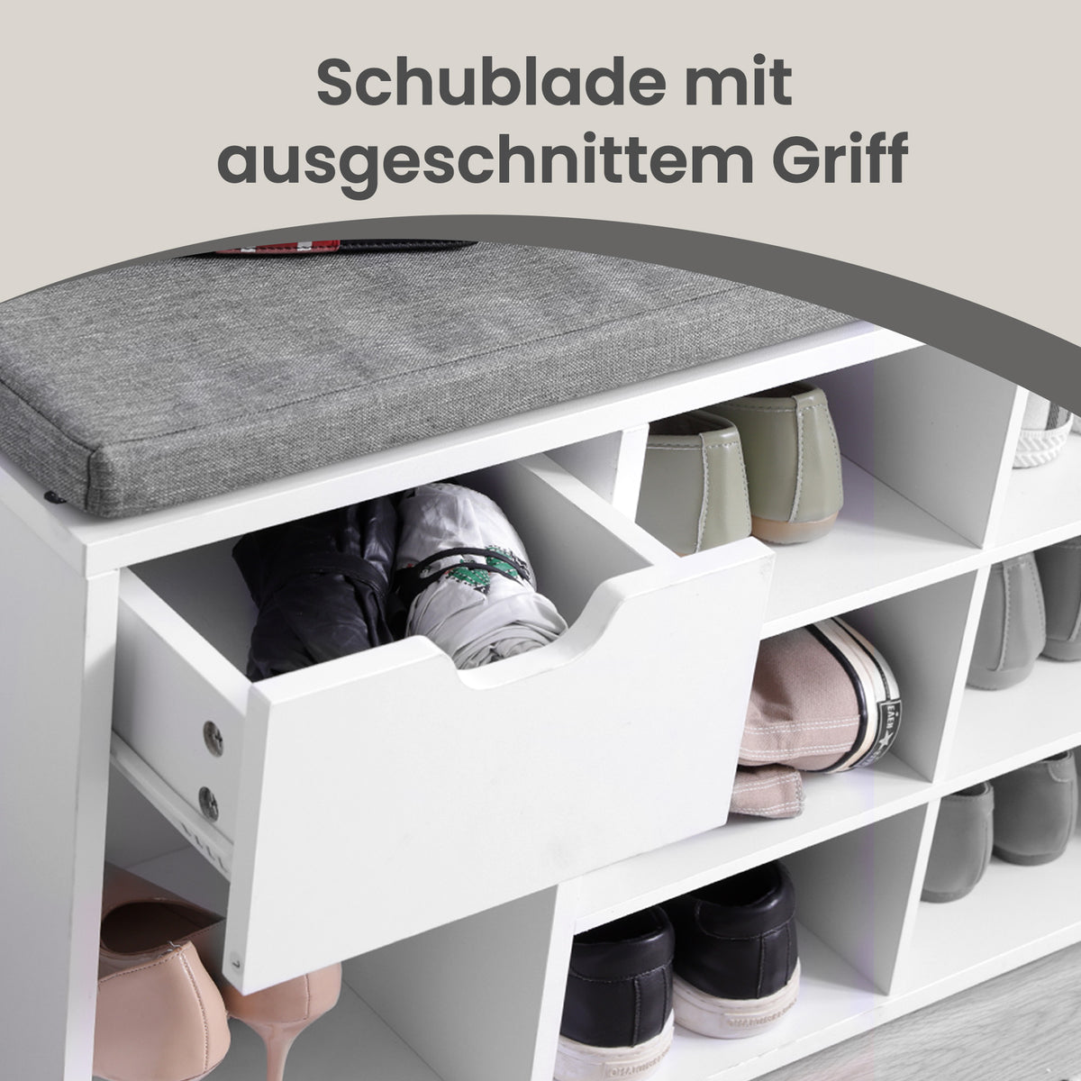 Entryway Storage Bench with Cushion, Drawer and Open Compartments, White and Gray
