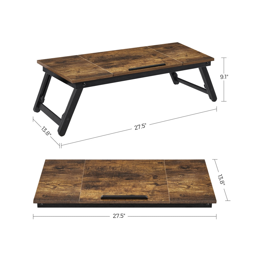 Laptop Desk, Bed Sofa Breakfast Tray, Adjustable Tilt Top, Right-Left Handed, Adjustable Folding Legs, Drawer, Rustic Dark Brown