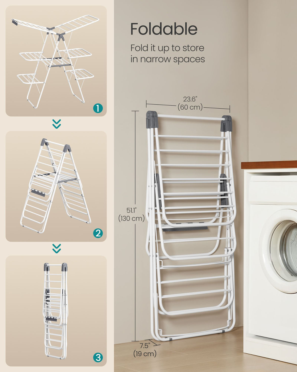 Clothes Drying Rack, Foldable 3-Level Laundry Rack, White and Gray