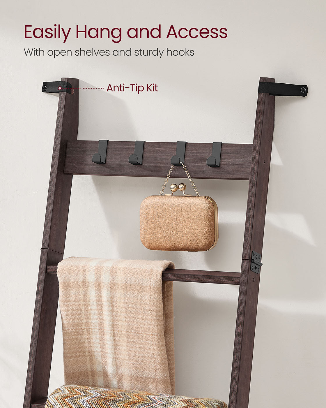 Blanket Ladder 6-Tier Ladder Shelf 4 Removable Hooks Maroon Brown