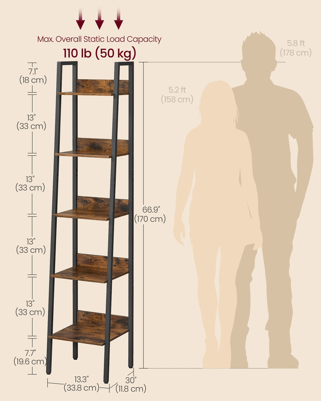 Bookshelf, Ladder Shelf 5-Tier, Freestanding Storage Shelves, for Home