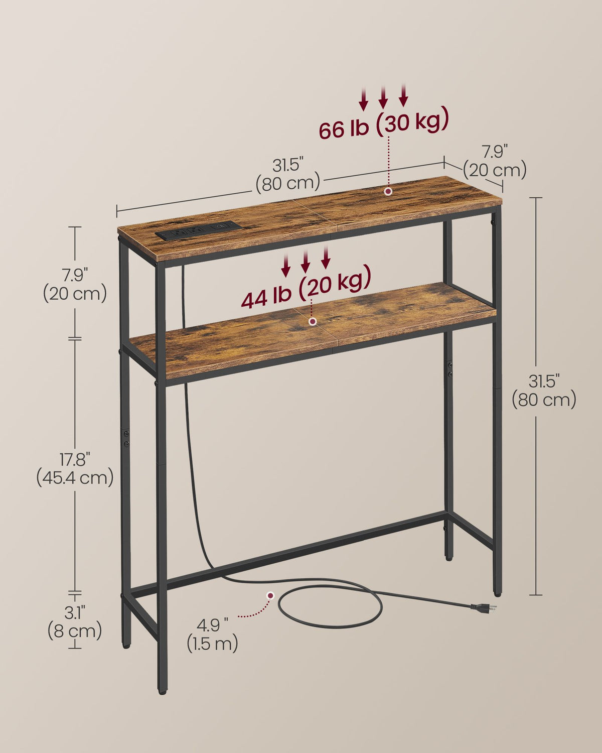 Console Table with Power Outlet, 2-Tier Narrow Sofa Table with 2 Shelves