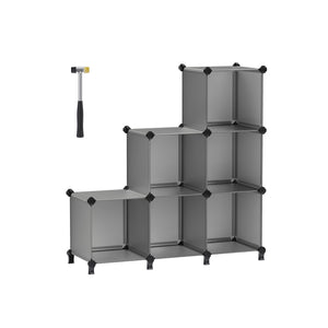 Cube Storage Organizer, 6-Cube Bookshelf, Customizable Plastic Cabinet, Modular Bookcase, Storage Shelving for Bedroom, Living Room, Home Office, with Rubber Mallet, Gray ULPC06G