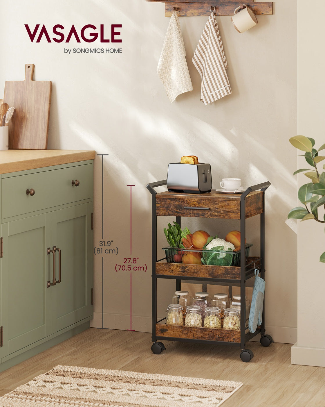 3-Tier Rolling Utility Cart with Table Top, Handles
