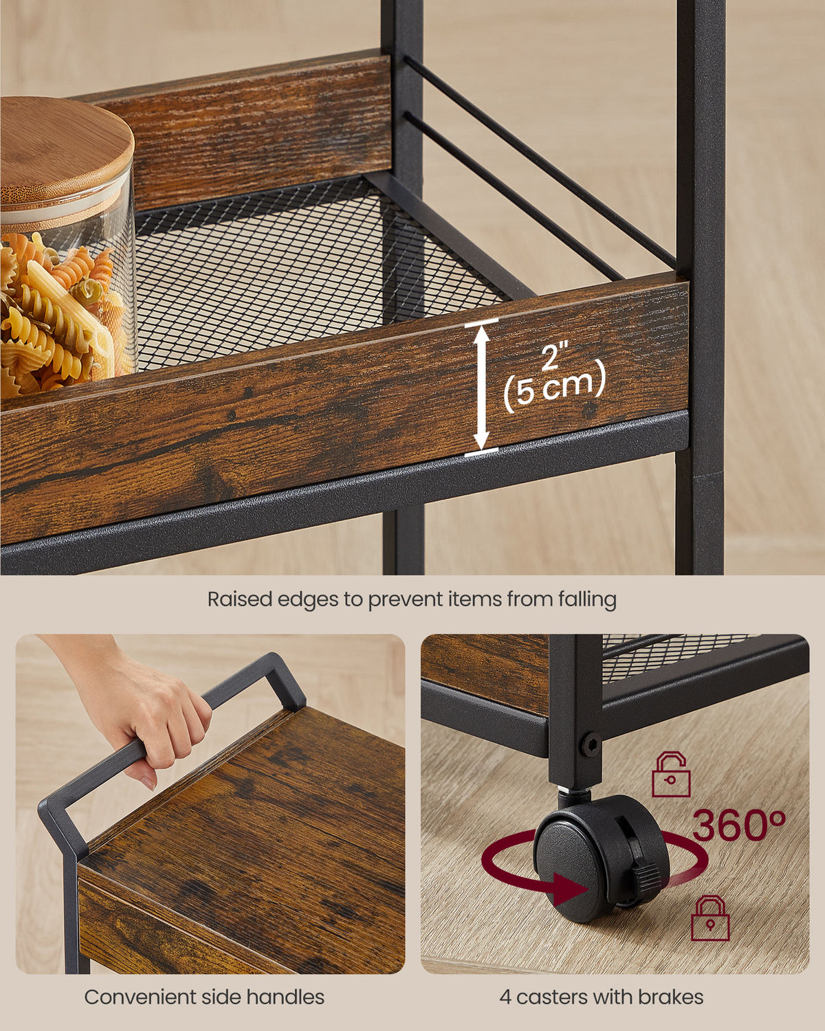 3-Tier Rolling Utility Cart with Table Top, Handles - HWLEXTRA