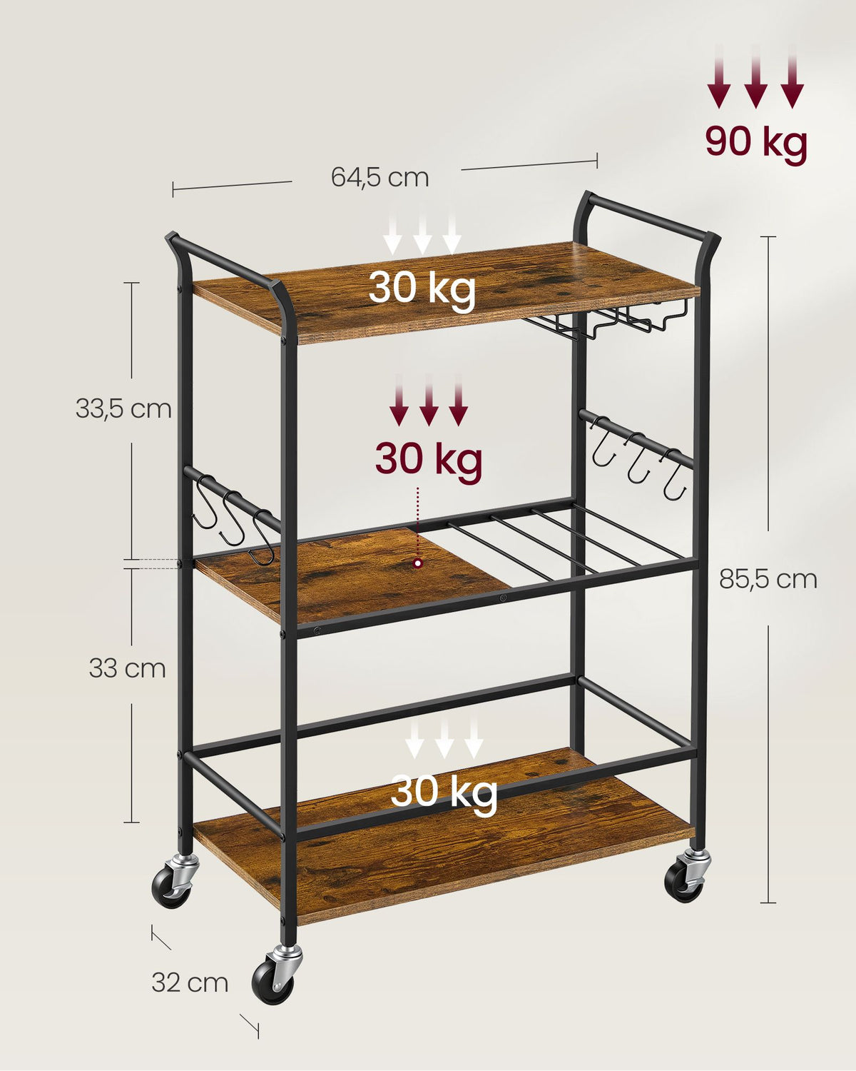 Rustic Brown and Matt Black Serving Trolley with Wine Rack