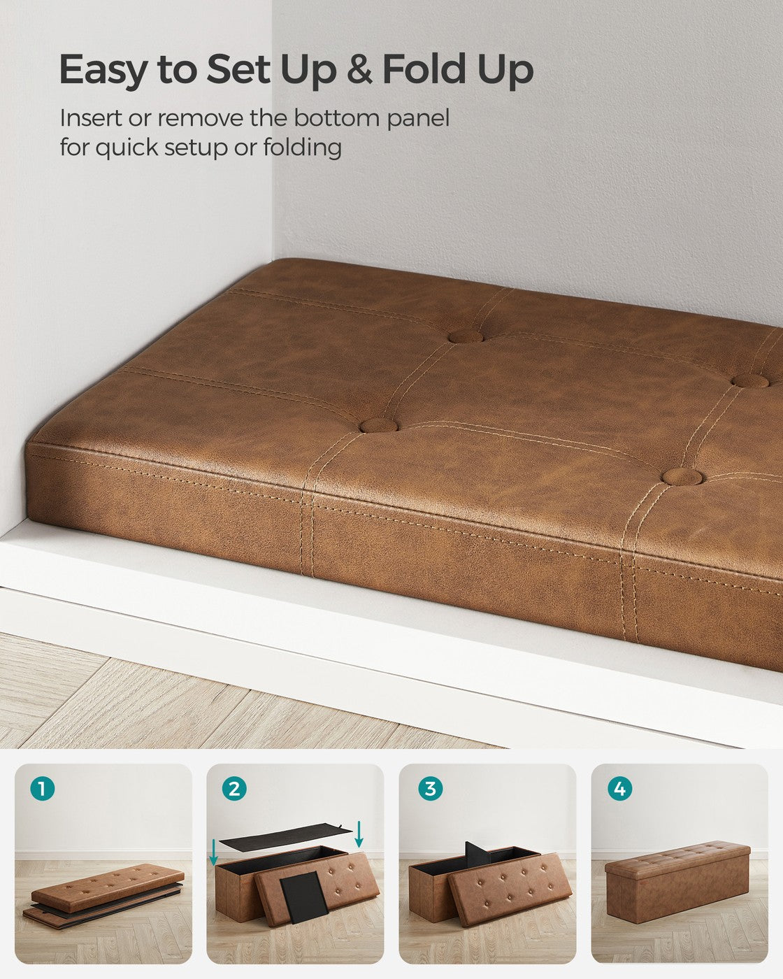 43 Inches Folding Storage Ottoman Bench, Storage Chest, Footrest, Padded Seat