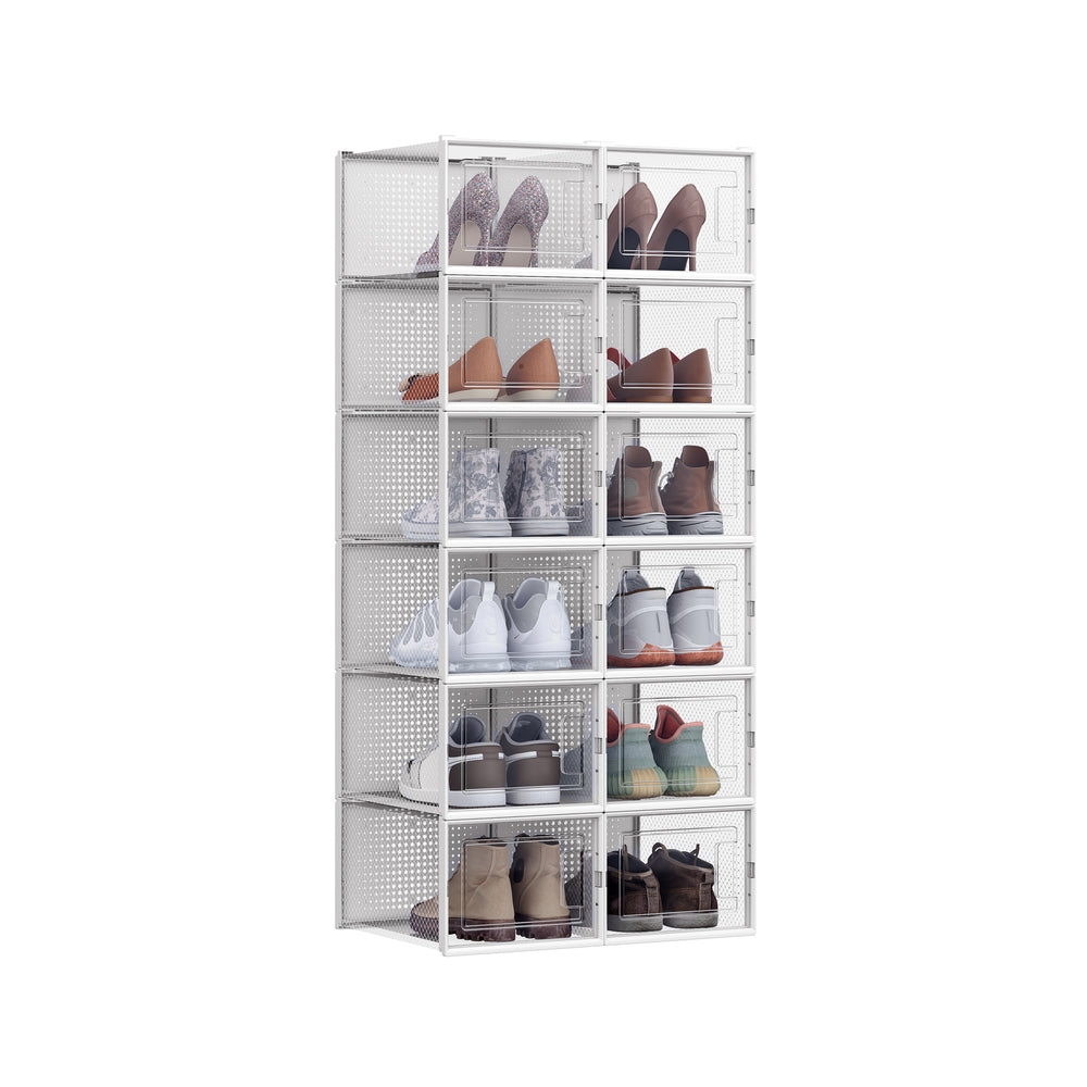 Shoe Boxes, Pack of 12 Stackable Shoe Storage Organizers, Foldable and Versatile for Sneakers, Fit up to US Size 12 — Transparent + White